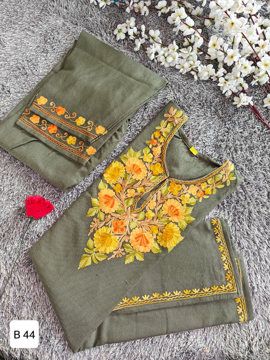 Handcrafted Sage Green Cashmillon Wool Short Kurta Set with Yellow Floral Kashmiri Embroidery – Winter Collection