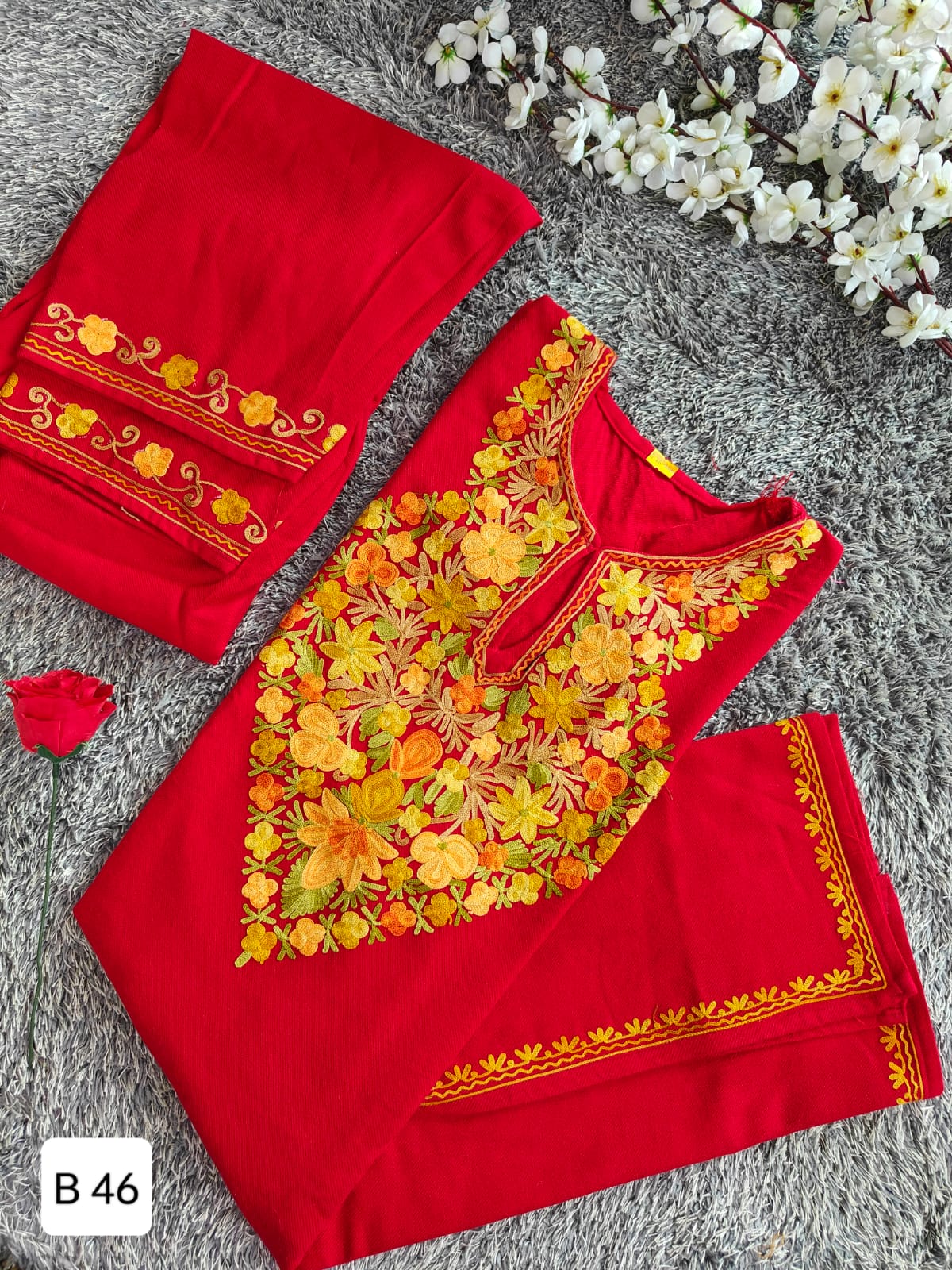 Handcrafted Red Cashmillon Wool Short Kurta Set with Yellow Floral Kashmiri Embroidery – Winter Collection