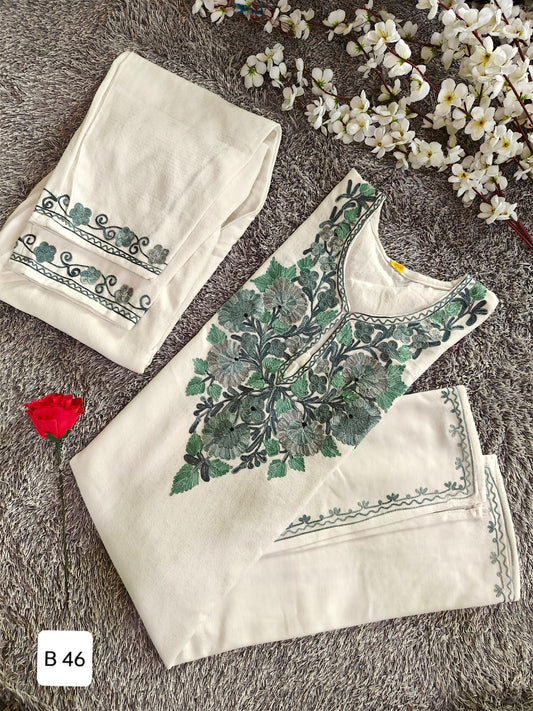 Handcrafted Off-White Cashmillon Wool Short Kurta Set with Green Floral Kashmiri Embroidery – Winter Collection