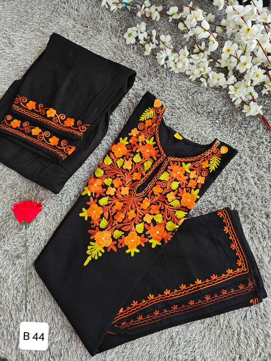 Handcrafted Black Cashmillon Wool Short Kurta Set with Orange Floral Kashmiri Embroidery – Winter Collection