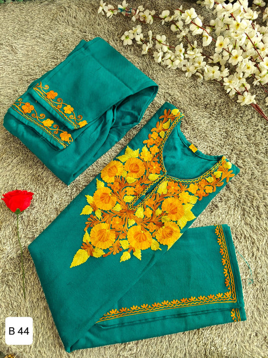 Handcrafted Teal Cashmillon Wool Short Kurta Set with Yellow Floral Kashmiri Embroidery – Winter Collection