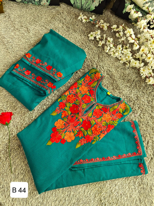 Handcrafted Teal Cashmillon Wool Short Kurta Set with Red Floral Kashmiri Embroidery – Winter Collection