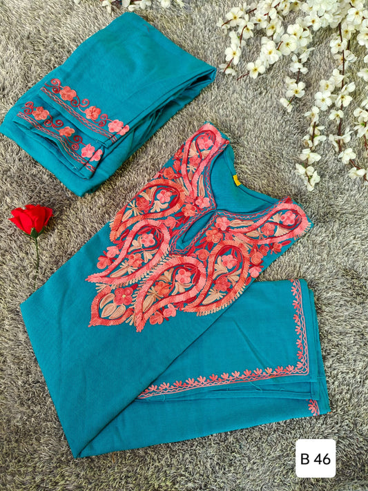 Handcrafted Teal Cashmillon Wool Short Kurta Set with Pink Paisley Kashmiri Embroidery – Winter Collection