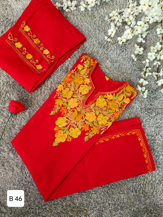 Handcrafted Red Cashmillon Wool Short Kurta Set with Yellow Floral Kashmiri Embroidery – Winter Collection