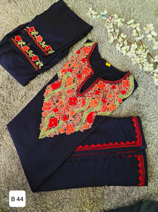 Handcrafted Black Cashmillon Wool Short Kurta Set with Red and Green Kashmiri Paisley Embroidery – Winter Collection