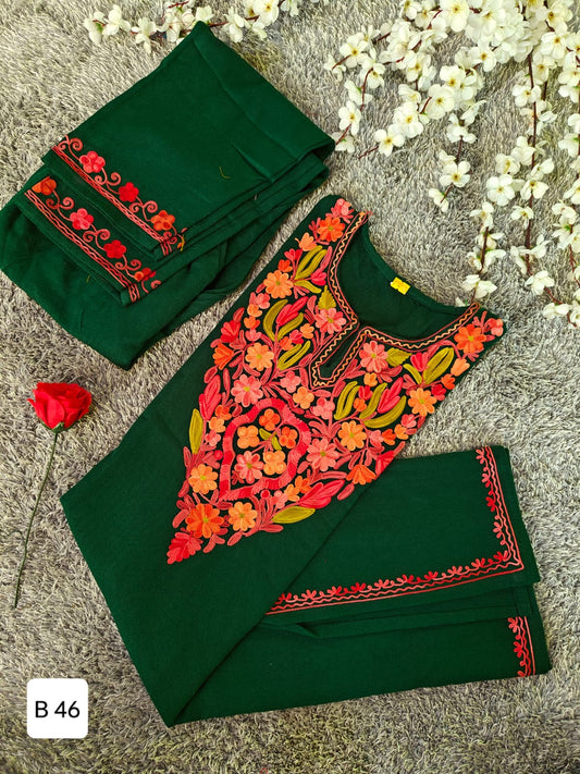 Handcrafted Dark Green Cashmillon Wool Short Kurta Set with Pink Floral Kashmiri Embroidery – Winter Collection