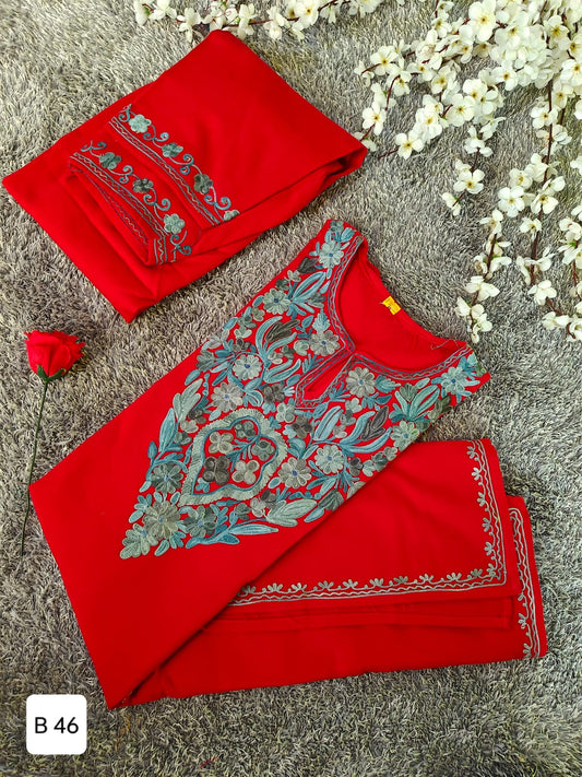 Handcrafted Red Cashmillon Wool Short Kurta Set with Blue and Grey Floral Kashmiri Embroidery – Winter Collection