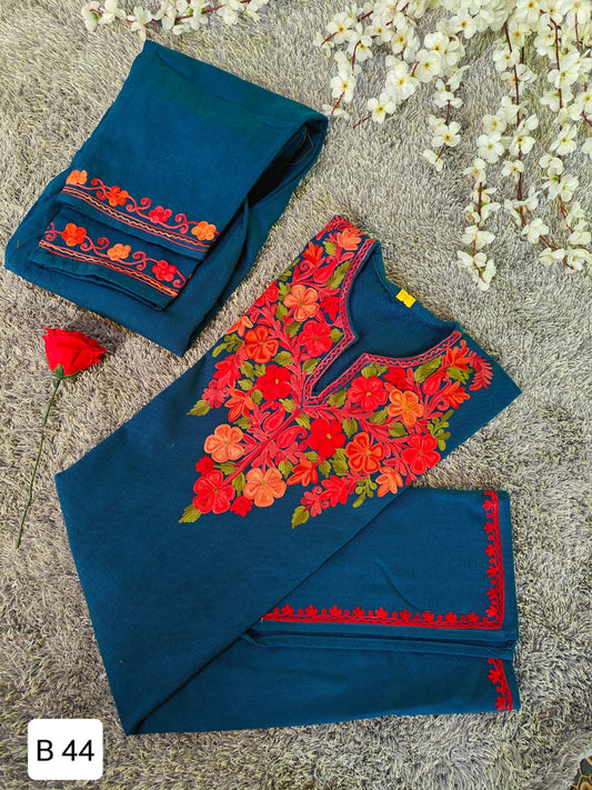 Handcrafted Teal Cashmillon Wool Short Kurta Set with Red and Orange Floral Kashmiri Embroidery – Winter Collection