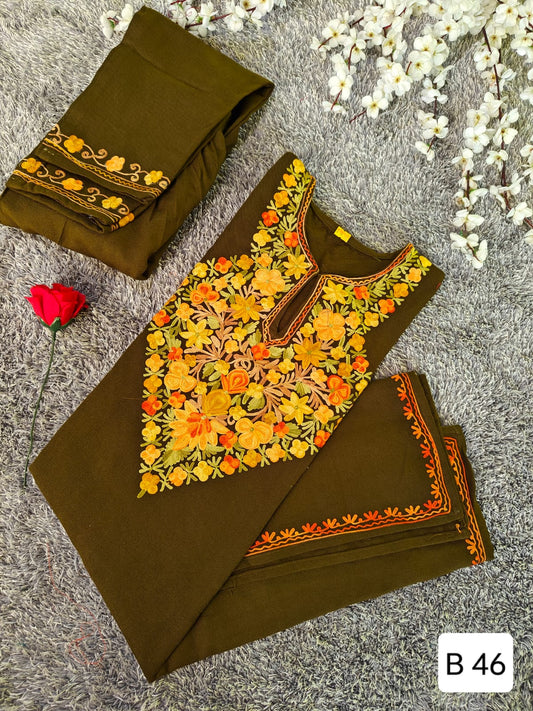 Handcrafted Olive Green Cashmillon Wool Short Kurta Set with Yellow and Orange Floral Kashmiri Embroidery – Winter Collection