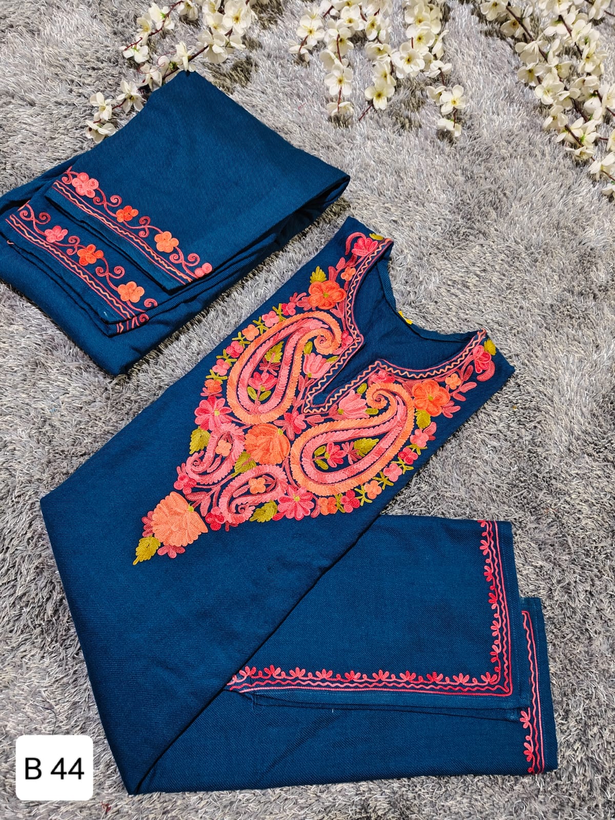 Handcrafted Navy Blue Cashmillon Wool Short Kurta Set with Pink and Orange Paisley Kashmiri Embroidery – Winter Collection