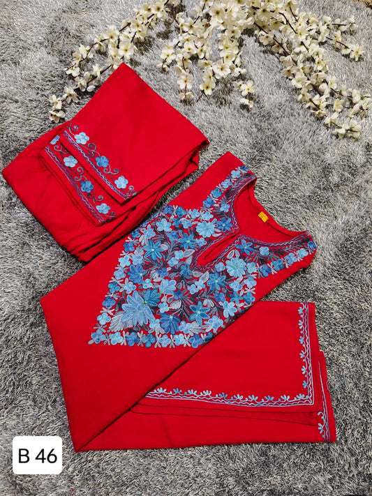 Handcrafted Red Cashmillon Wool Short Kurta Set with Blue Floral Kashmiri Embroidery – Winter Collection