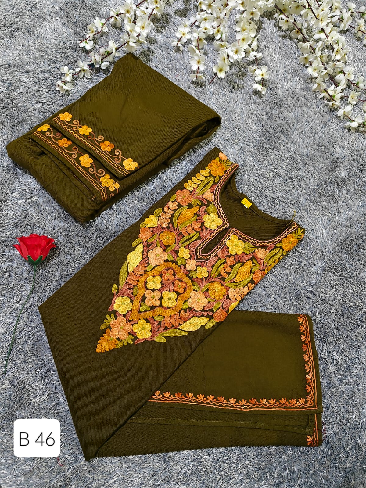 Handcrafted Olive Green Cashmillon Wool Short Kurta Set with Yellow and Orange Floral Kashmiri Embroidery – Winter Collection