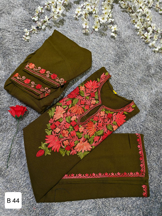 Handcrafted Olive Green Cashmillon Wool Short Kurta Set with Red and Pink Floral Kashmiri Embroidery – Winter Collection