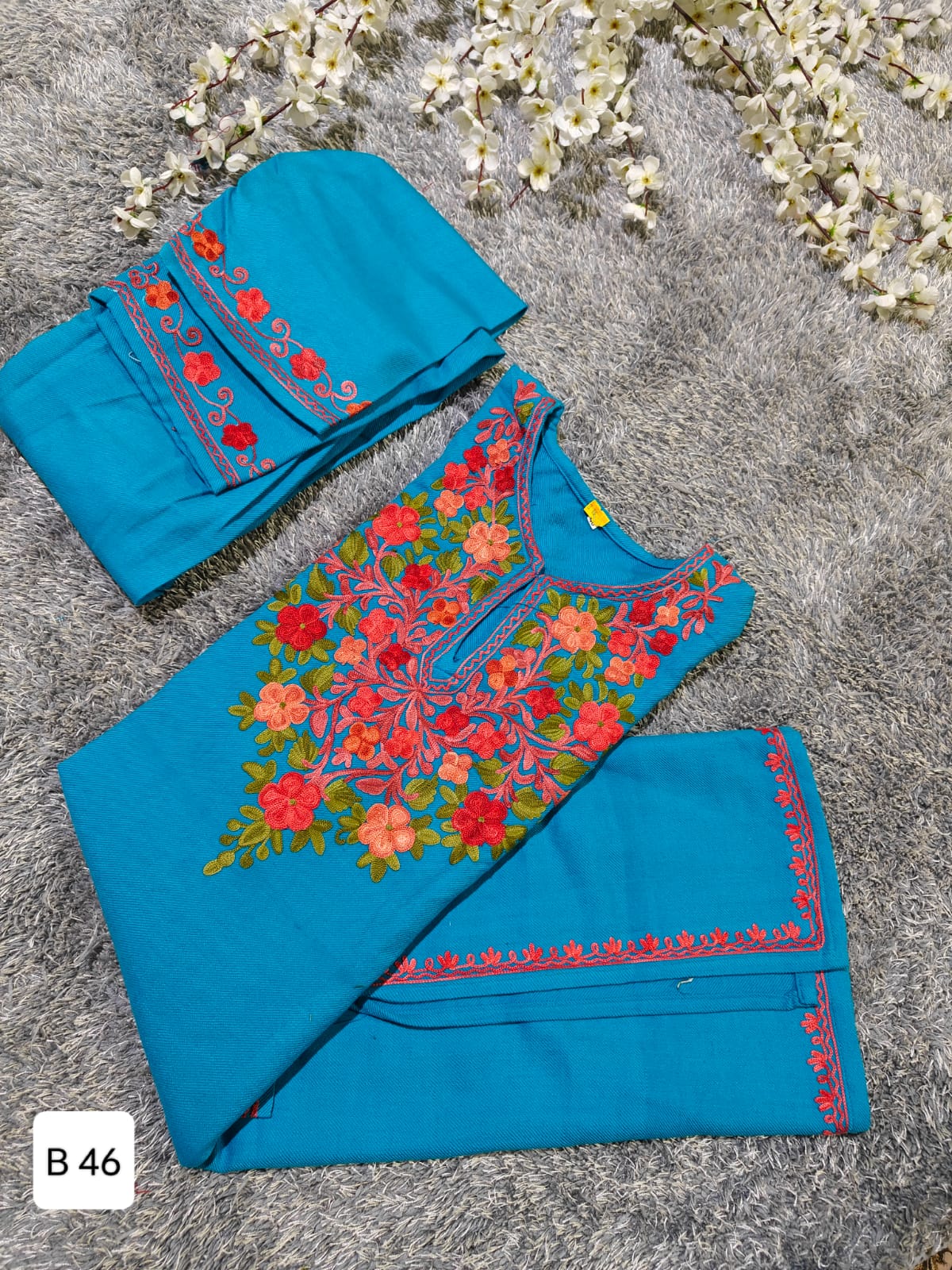 Handcrafted Sky Blue Cashmillon Wool Short Kurta Set with Red and Orange Floral Kashmiri Embroidery – Winter Collection