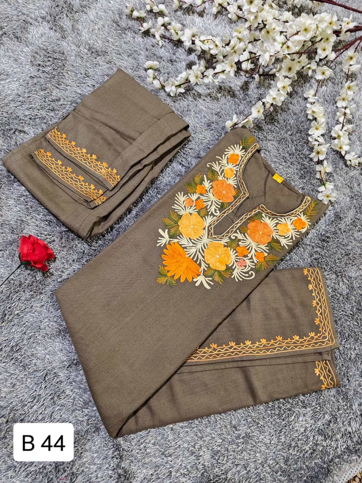 Elegant Brown Cashmillon Wool Short Kurta Set with Yellow and White Floral Kashmiri Embroidery – Winter Collection