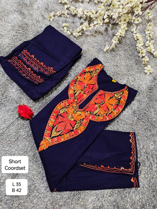 Navy Blue Cashmillon Wool Short Kurta Set with Vibrant Orange Kashmiri Aari Embroidery – Winter Collection