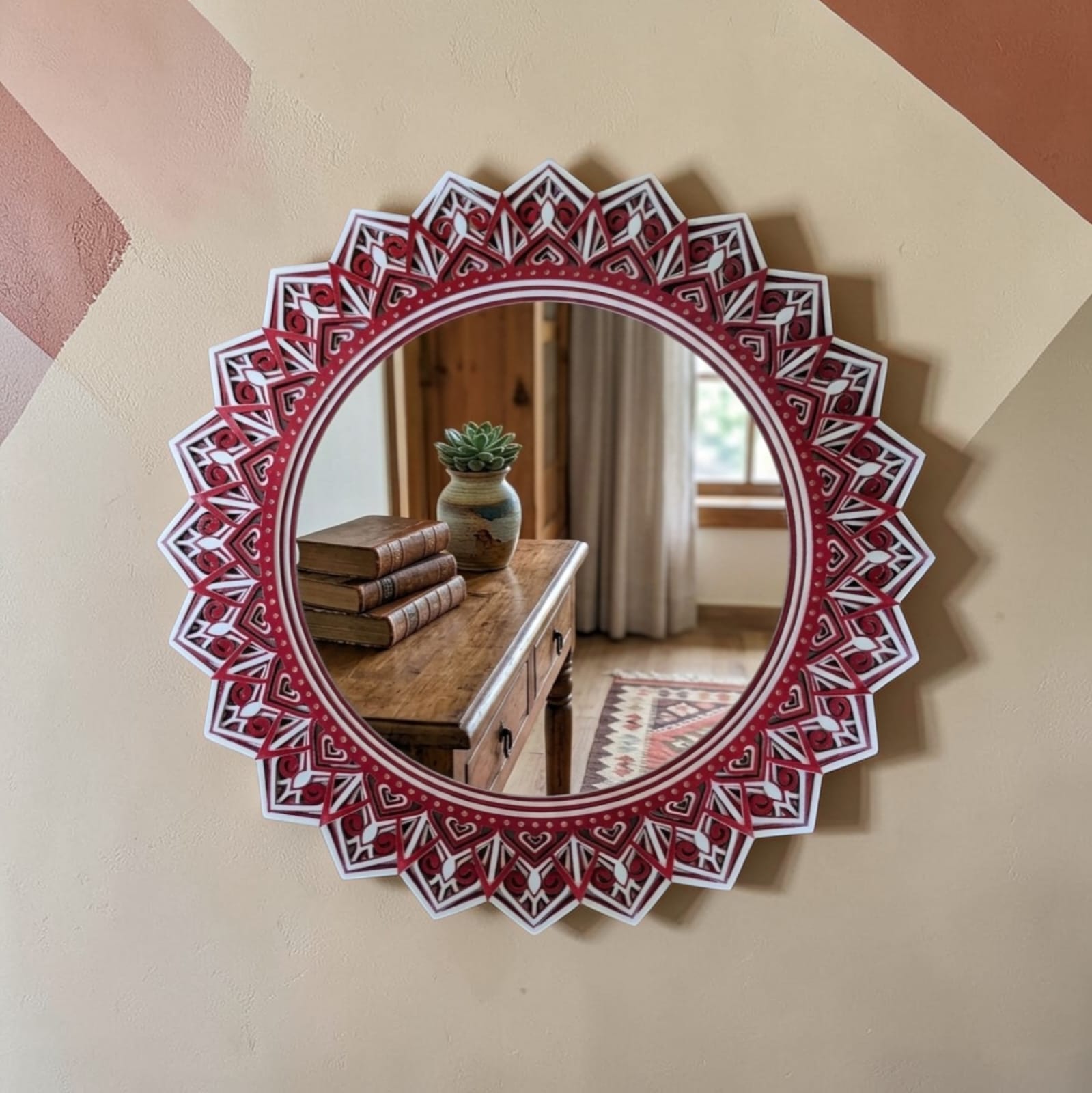 Crimson Lotus Mandala Mirror Wall Art