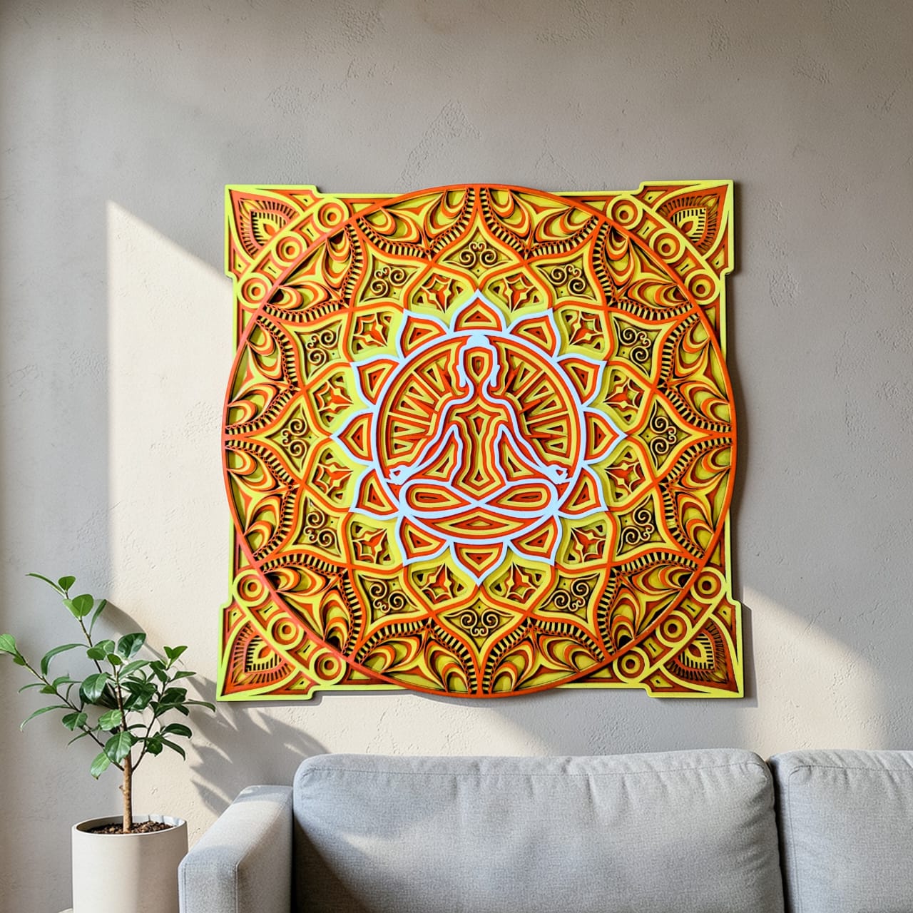 Solar Zen Mandala Wall Art with meditating Buddha in orange and gold