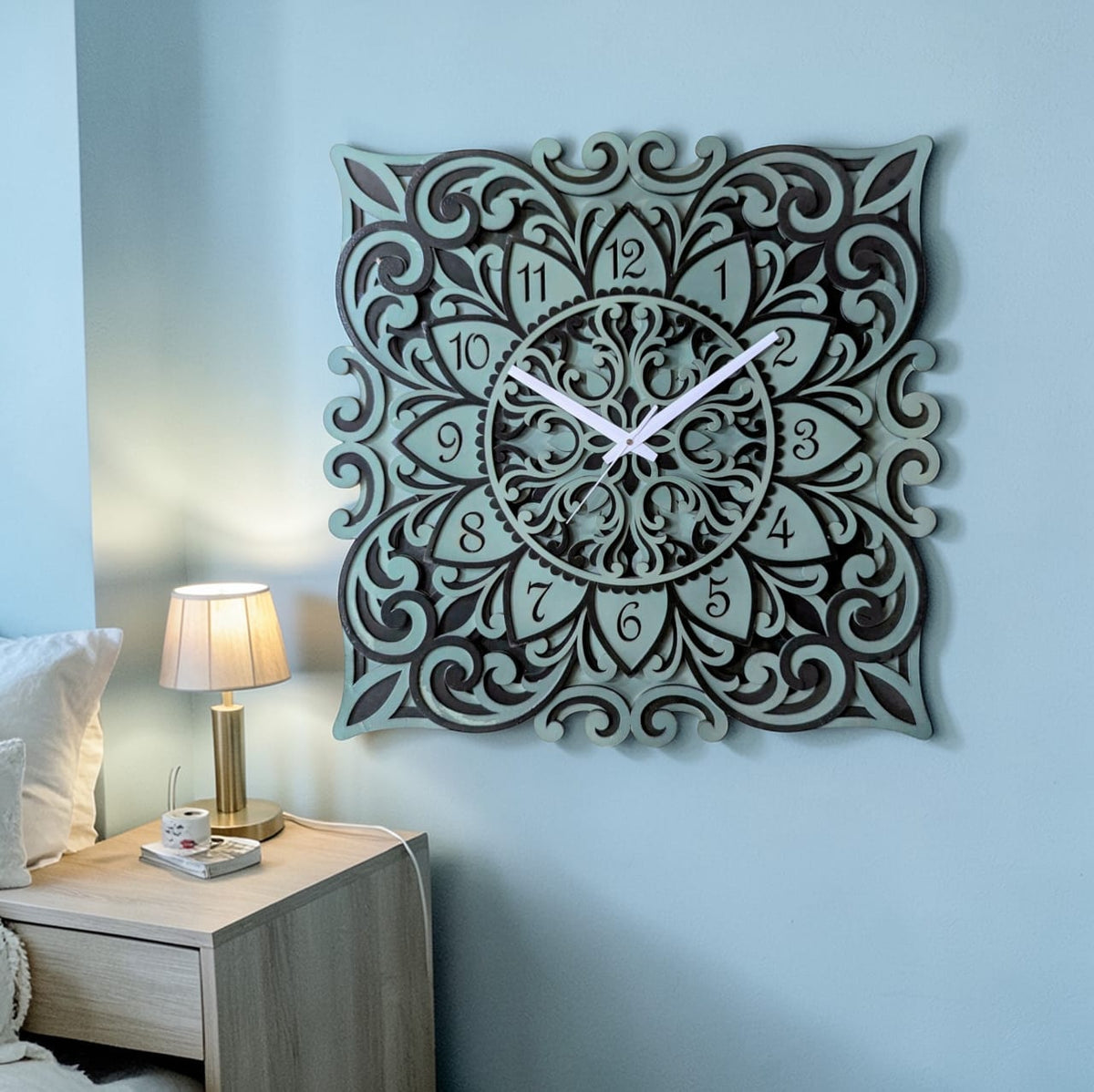 Vriksha Kala wooden mandala wall clock with floral and geometric cutwork